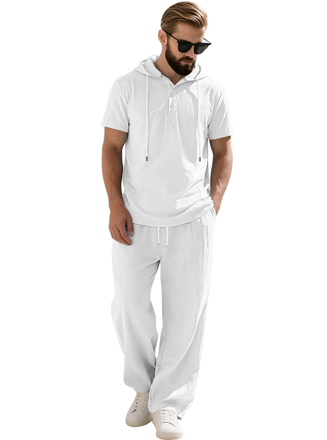 Męska Codzienny krótka-sleeve z kapturem koszula w crinkled bawełna mieszanka z Henley Listwa guzikowa