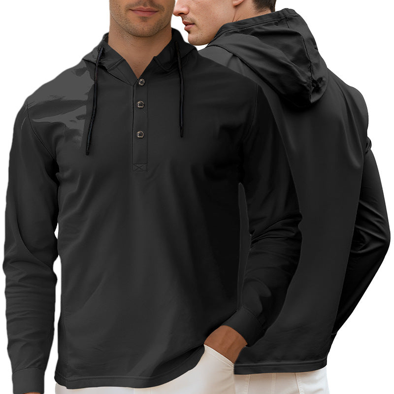 Męska Z kapturem Henley Długa Rękaw Koszula wykonana z Lekka stretch jersey z ściągacz