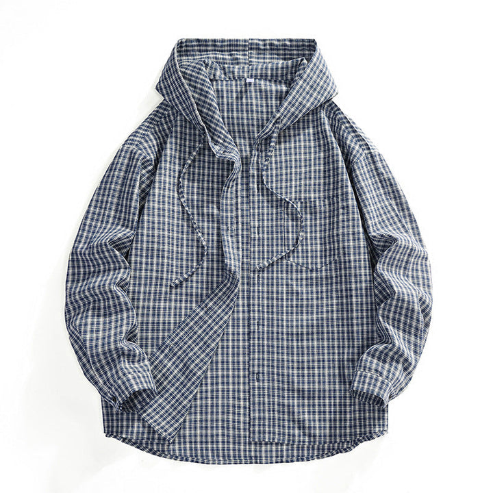 Męski Oversized W kratę Koszula z Kaptur, Drawstring &amp; Ukryty Guzik Placket