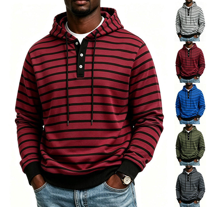 Męska bluza z kapturem z Henley Listwa guzikowa i delikatna stripe tekstura Wzór