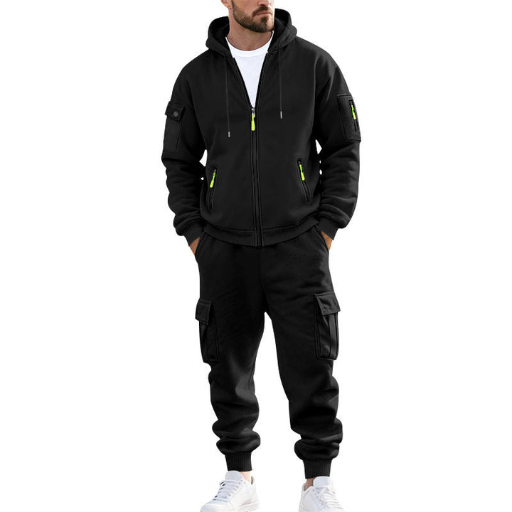 Męska nano miejski funkcjonalny cargo sweat set z bluza z kapturem, zippered Kieszenie, i tapered cargo jogger