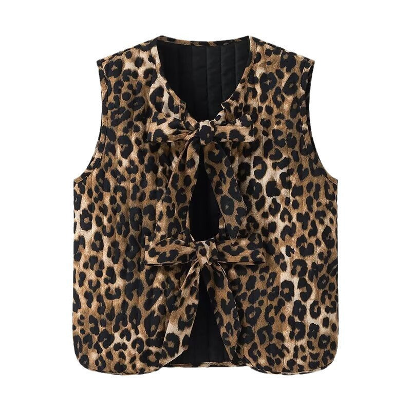 Damska bez rękawów Leopard Print kamizelka z Ties i Textured Surface Lumaza