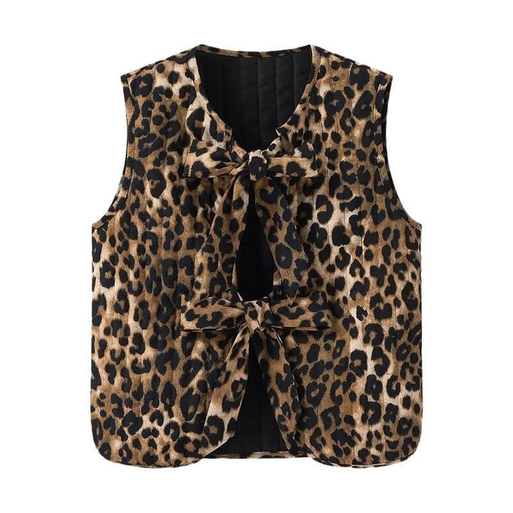 Damska bez rękawów Leopard Print kamizelka z Ties i Textured Surface Lumaza