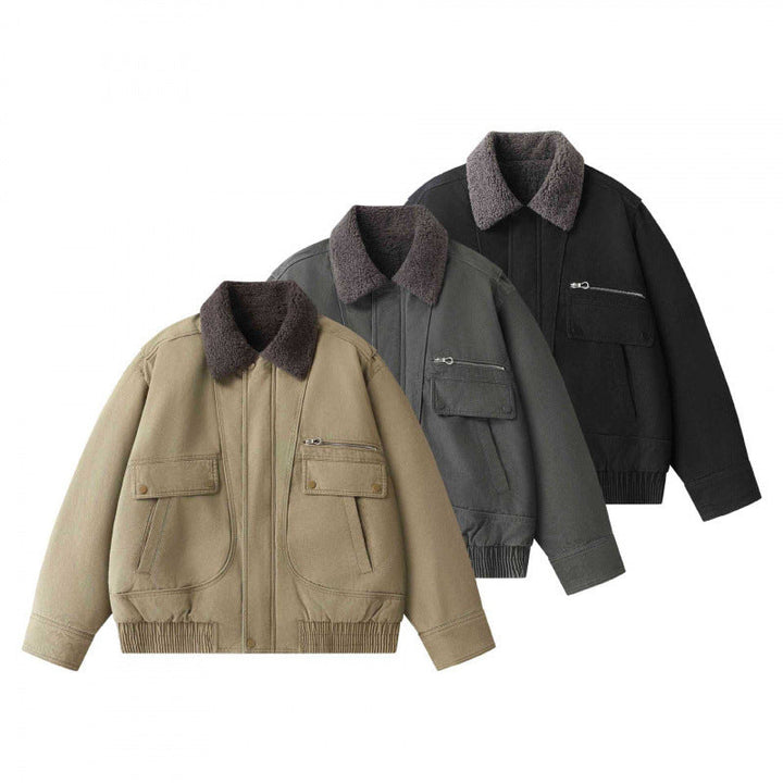 Męska krótki-cut canvas aviator kurtka z Sherpa kołnierzem i multifunction kieszeniami