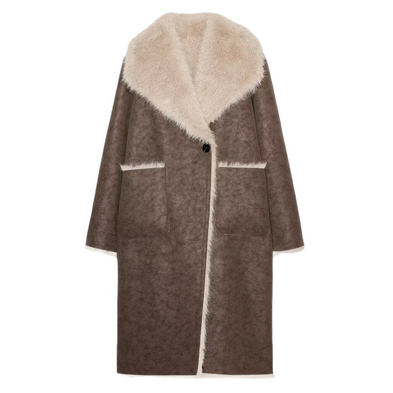 Damska Długa Sztuczne futro Shearling Płaszcz z Oversize Kołnierz szalowy i Naszywane kieszenie
