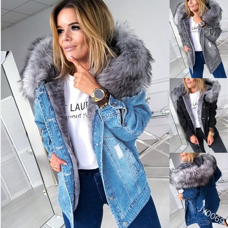 Damska oversize denimowa Parka z removable faux fur kołnierzem i used effect Lumaza