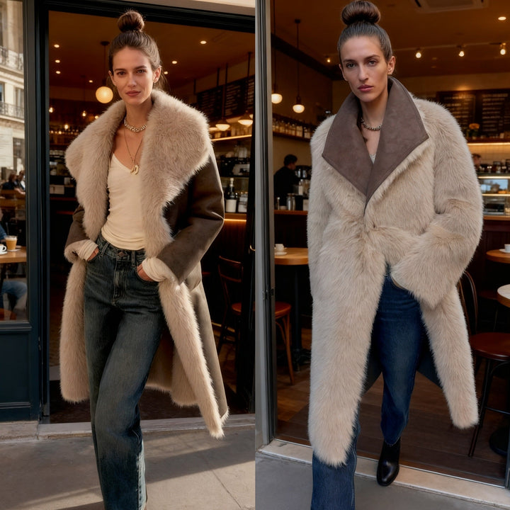 Damska Długa Sztuczne futro Shearling Płaszcz z Oversize Kołnierz szalowy i Naszywane kieszenie
