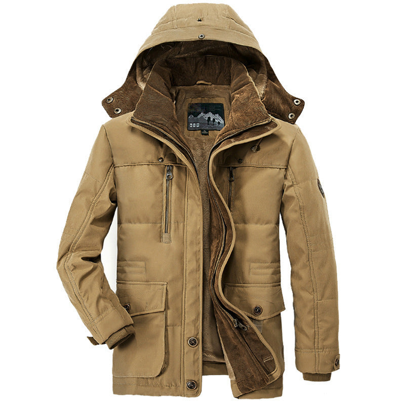 Męski solidny płótno field parka z sztruks kołnierz, zamek przód i multifunction kieszenie