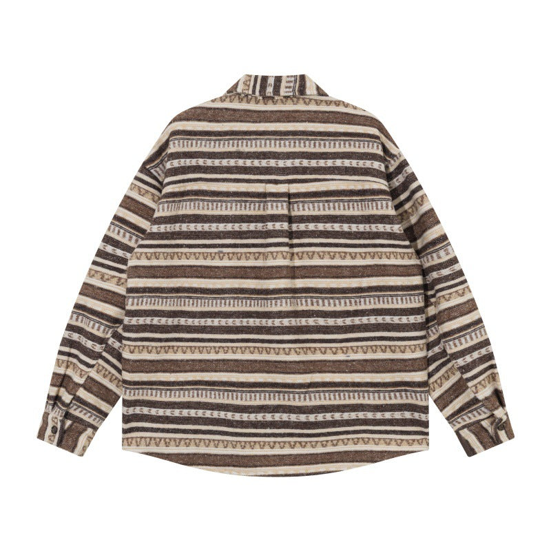 Unisex Oversize Dzianina Kurtka koszulowa w Ethnic Stripe Wzór z Kieszenie z klapkami