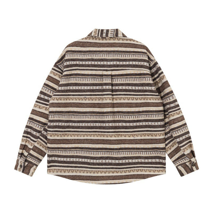 Unisex Oversize Dzianina Kurtka koszulowa w Ethnic Stripe Wzór z Kieszenie z klapkami