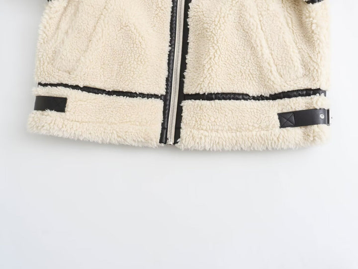 Damska oversize Teddy kurtka in Aviator styl z imitacja skóry Piping, stójka kołnierzem i zamkiem błyskawicznym Lumaza