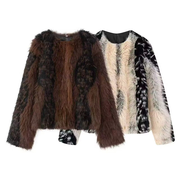 Damska krótka Faux Fur kurtka z Striped Fur Texture Lumaza