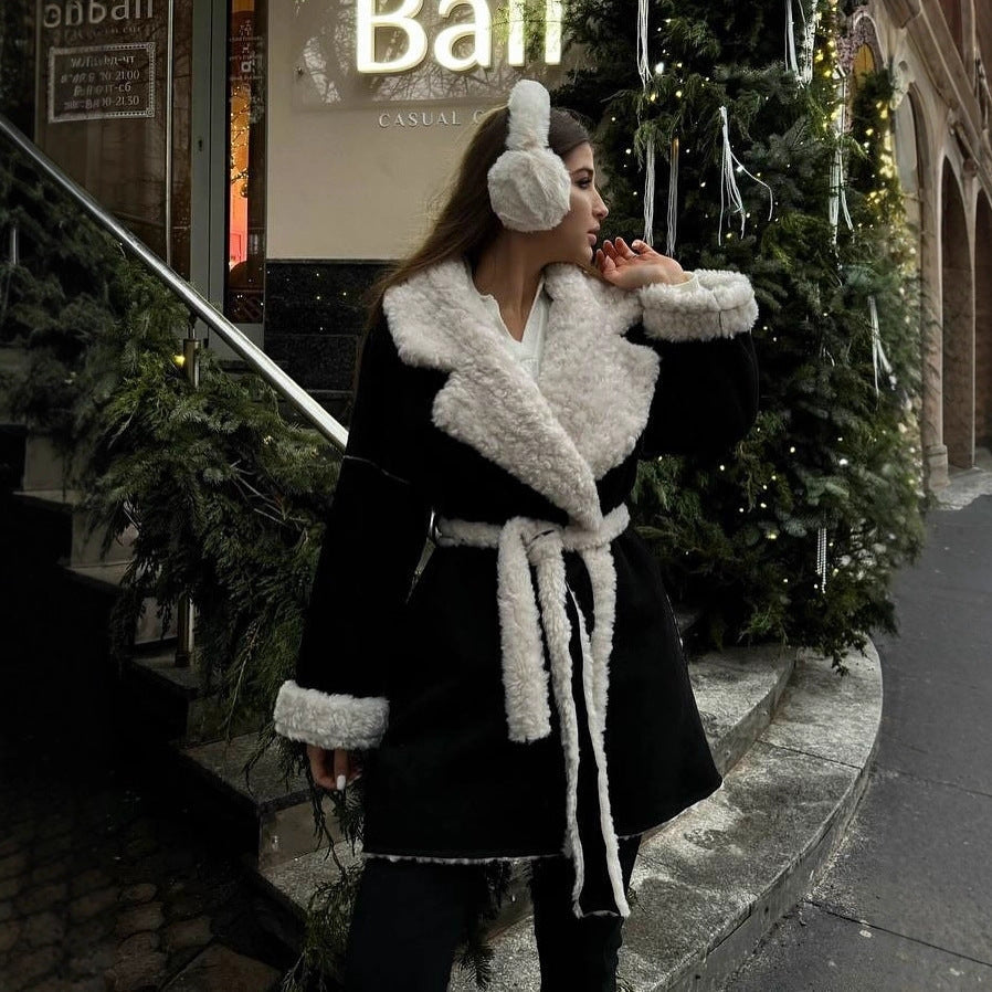 Damska krótka oversize Winter płaszcz z Teddy Lining i Waist paskiem Lumaza
