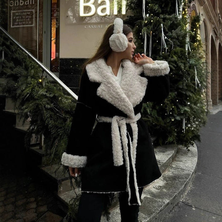Damska krótka oversize Winter płaszcz z Teddy Lining i Waist paskiem Lumaza