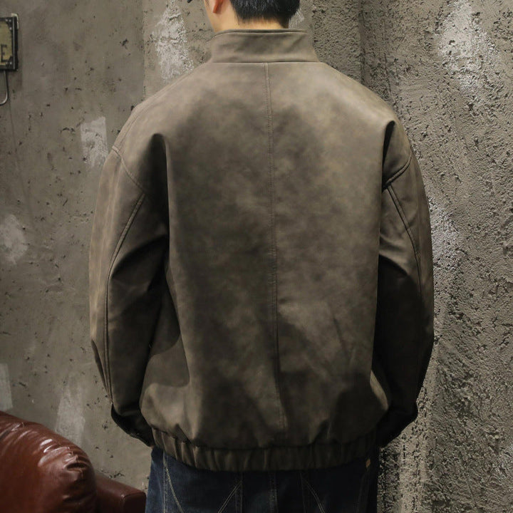 Męski Boxy Leather-Look Blouson z ukryty zamek placket, stójka, i elastic waistband