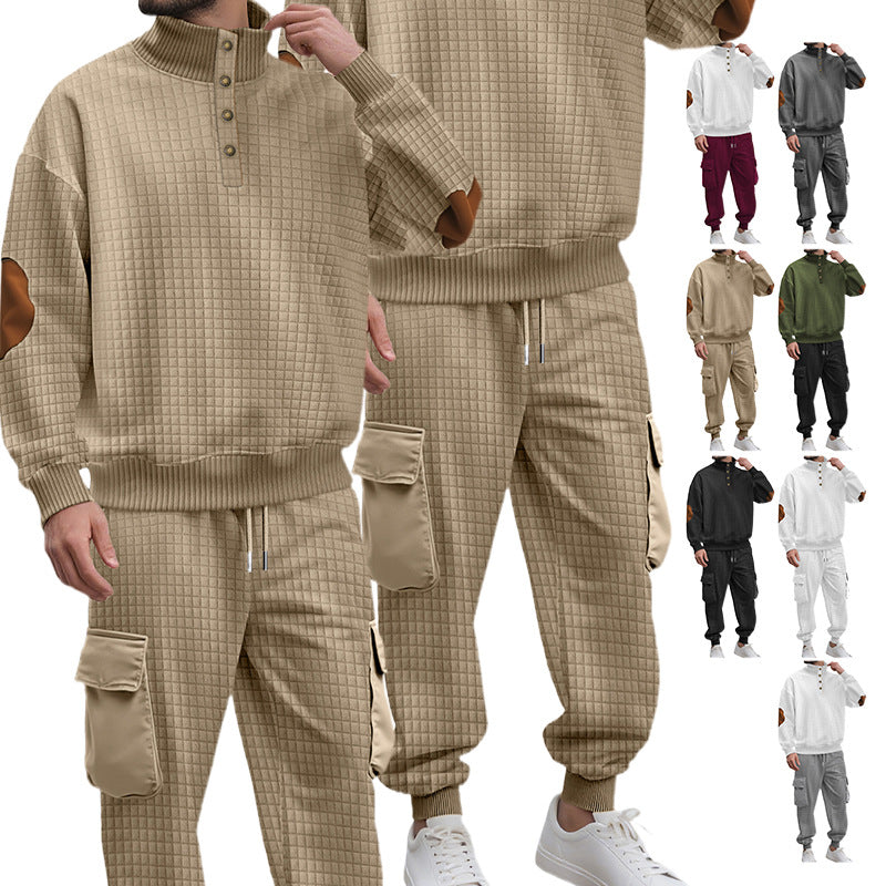 Męska kratka relief sweat set z stójka Listwa guzikowa, welur elbow patches i cargo jogger