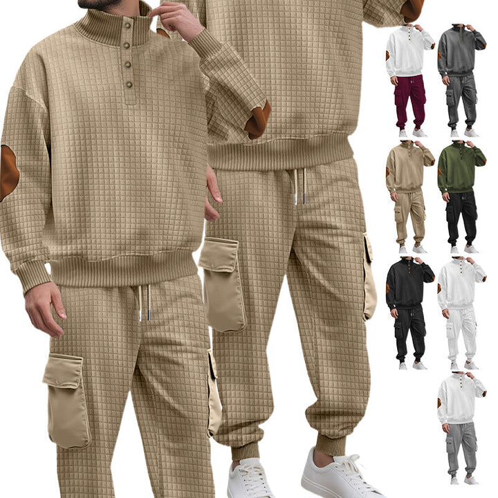 Męska kratka relief sweat set z stójka Listwa guzikowa, welur elbow patches i cargo jogger