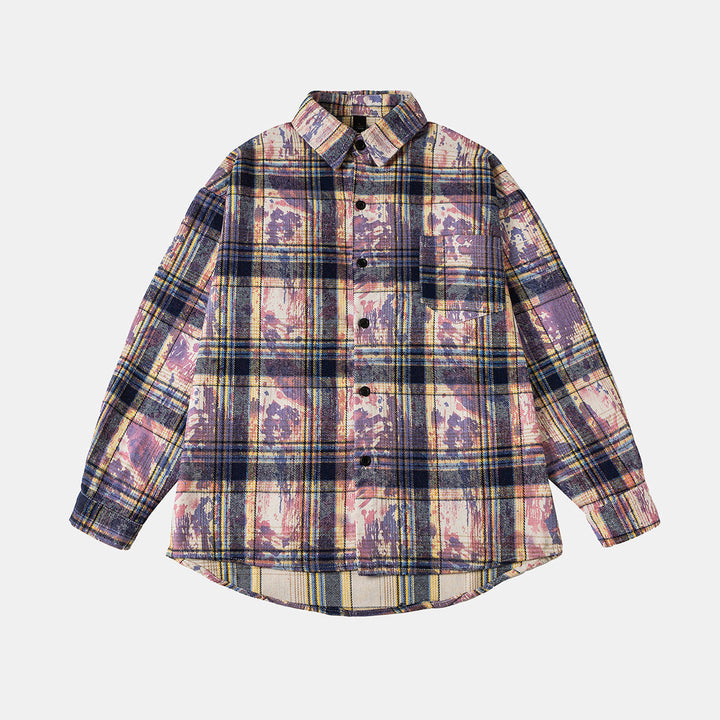 Unisex Overshirt Kurtka koszulowa w w kratę bawełna mieszanka z artistic paint efekt