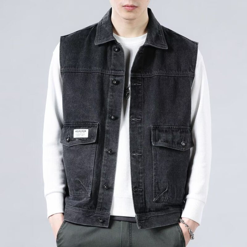 Męski Bez rękawów Jeans Roboczy Kamizelka z Flap Kieszenie i Boxy Krój