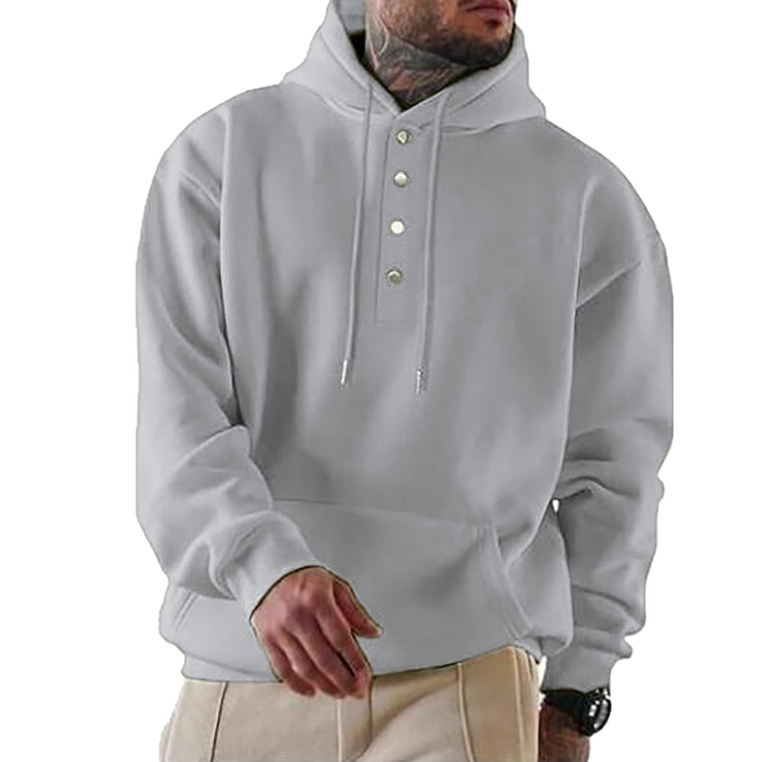 Męska bluza z kapturem z Henley Listwa guzikowa i kieszeń kangurka EB