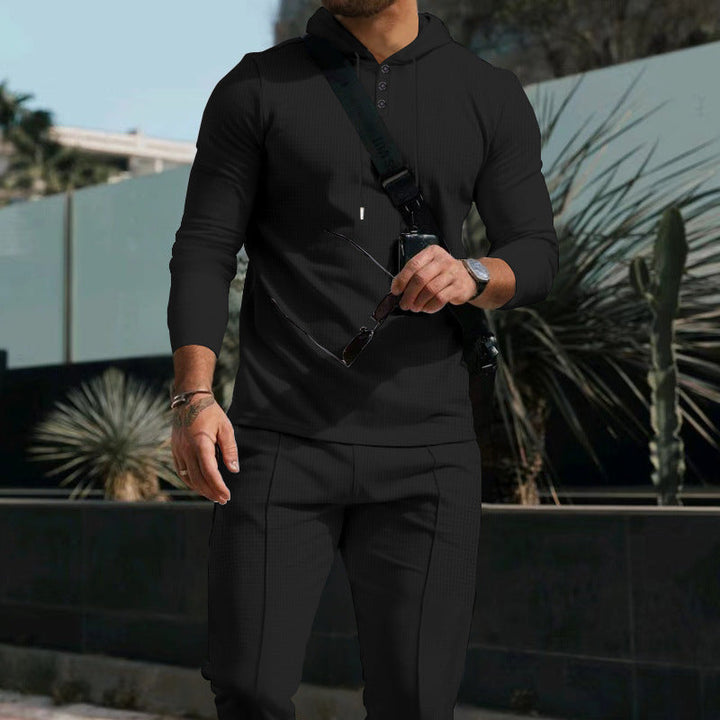 Męska dopasowana z kapturem Listwa guzikowa set wykonana z textured stretch jersey z dopasowany chino jogger