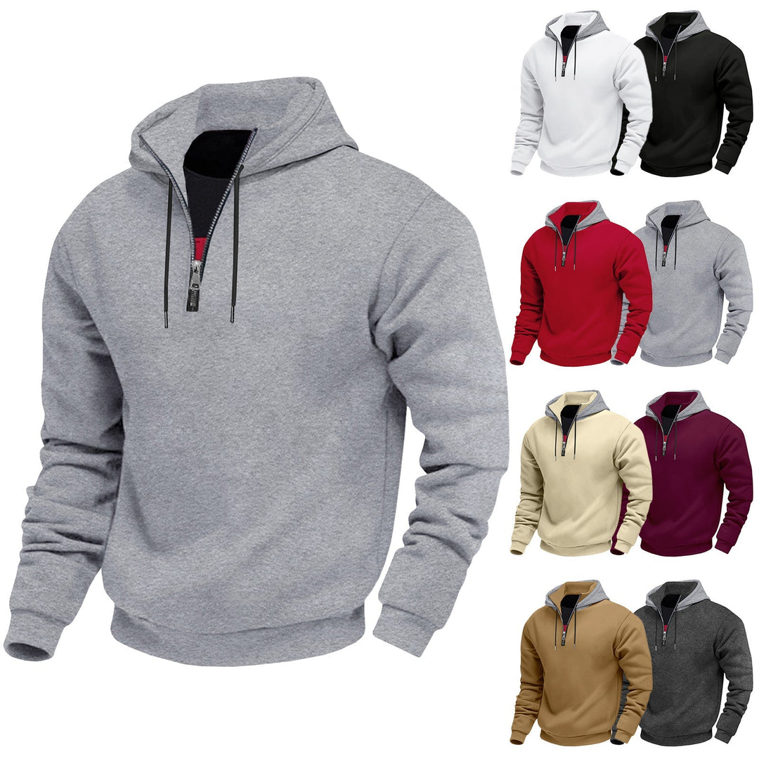 Męska bluza z kapturem z krótka zamek, double-layer kaptur i ściągacz