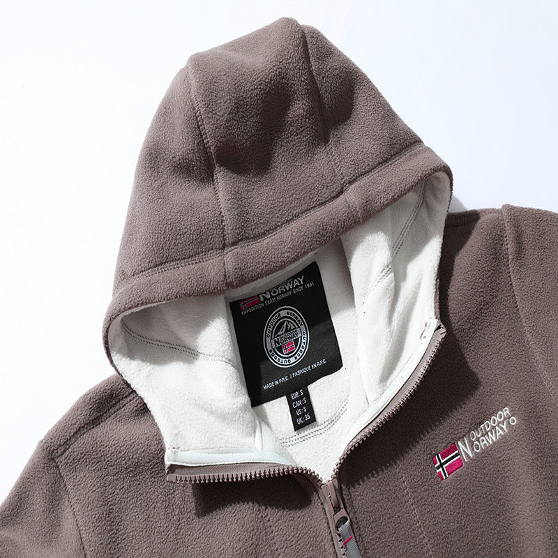 Męski microfleece outdoorowy kurtka z kaptur, wind-resistant structure i logo naszywany