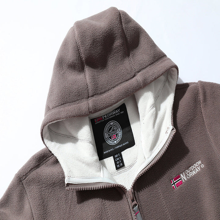 Męski microfleece outdoorowy kurtka z kaptur, wind-resistant structure i logo naszywany
