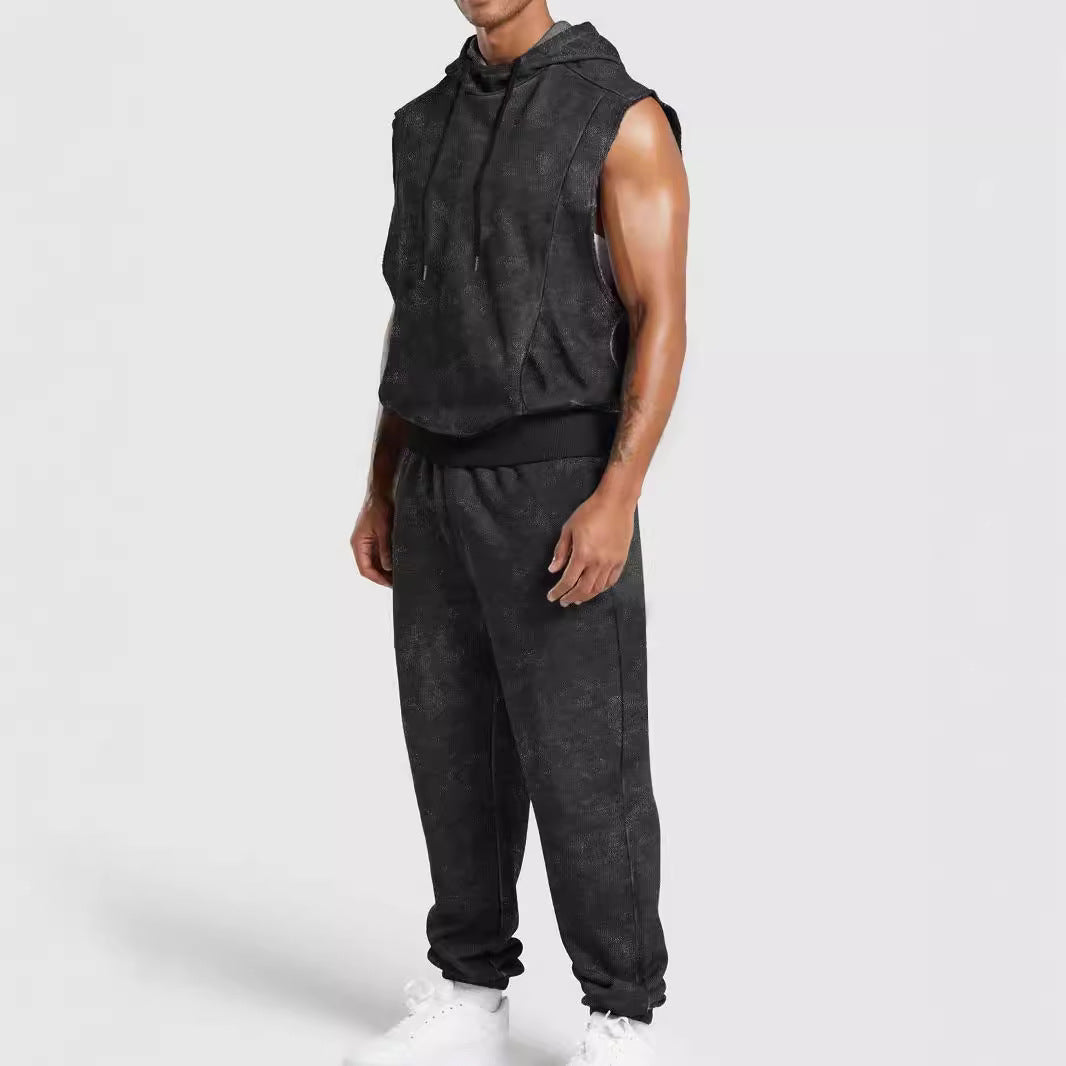 Męska sleeveless z kapturem sweat set w welur wygląd z elastyczny joggery i prążkowane mankiety