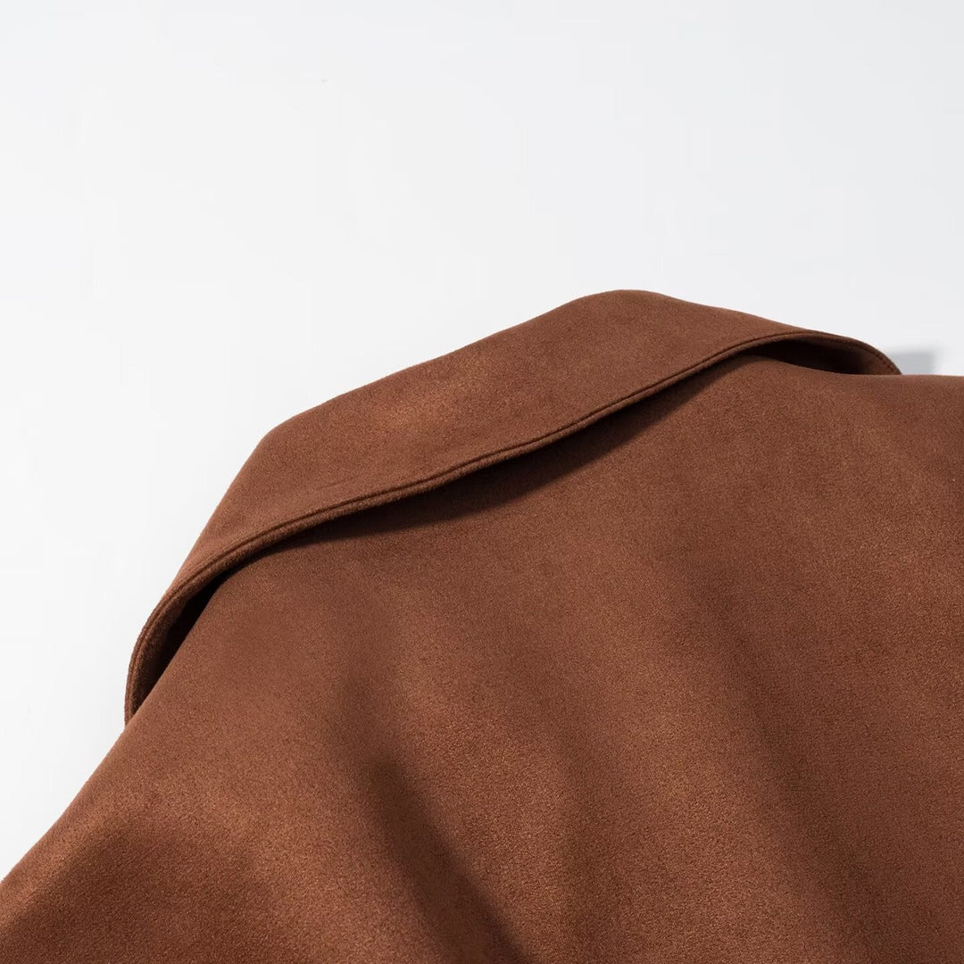 Damska krótka kurtka in suede look z waist paskiem i dużymi lapel Lumaza