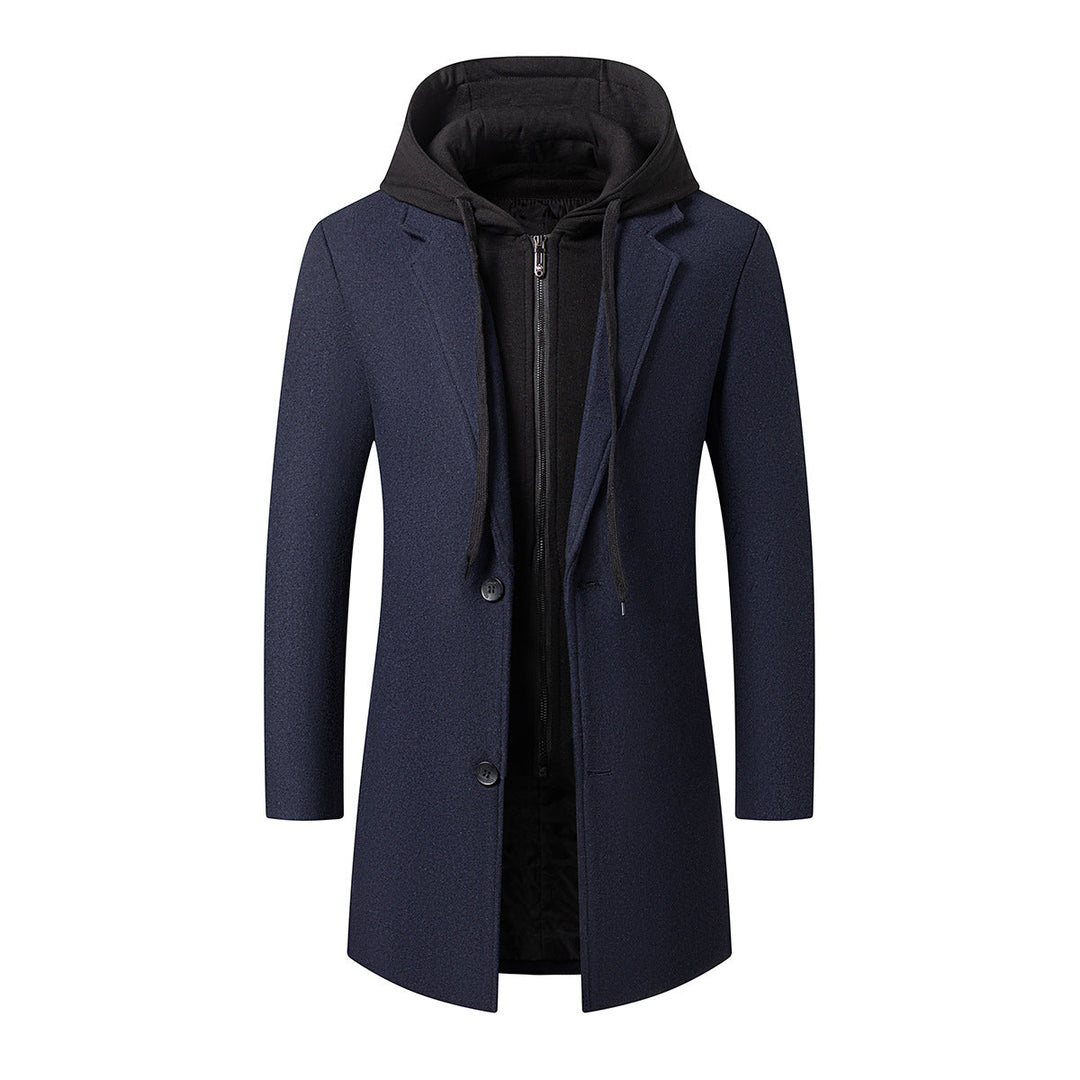 Męski Długi Wool Mieszanka Overcoat z Integrated Hooded Wewnętrzny Kurtka i Two-Way Zamek