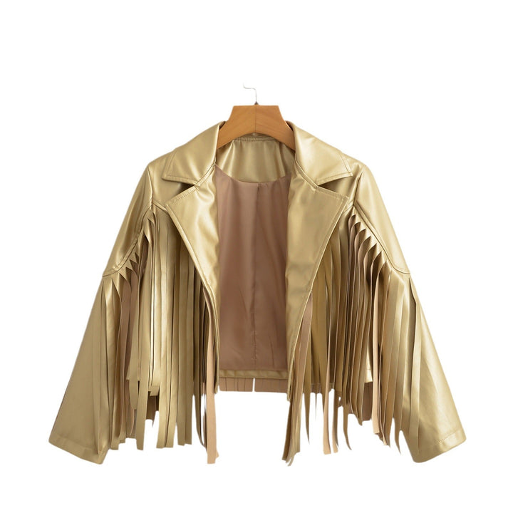 Damska krótka kurtka in biker styl z metallic look i długa leather fringes Lumaza