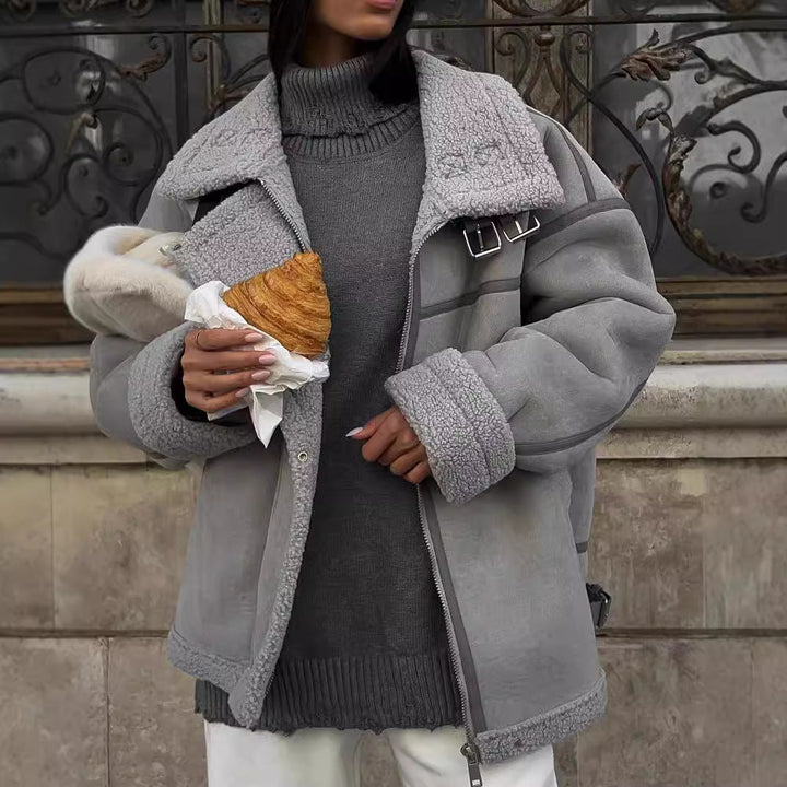 Damska Wide Cut Lambskin Imitation Flight kurtka z Faux Fur Lining Lumaza