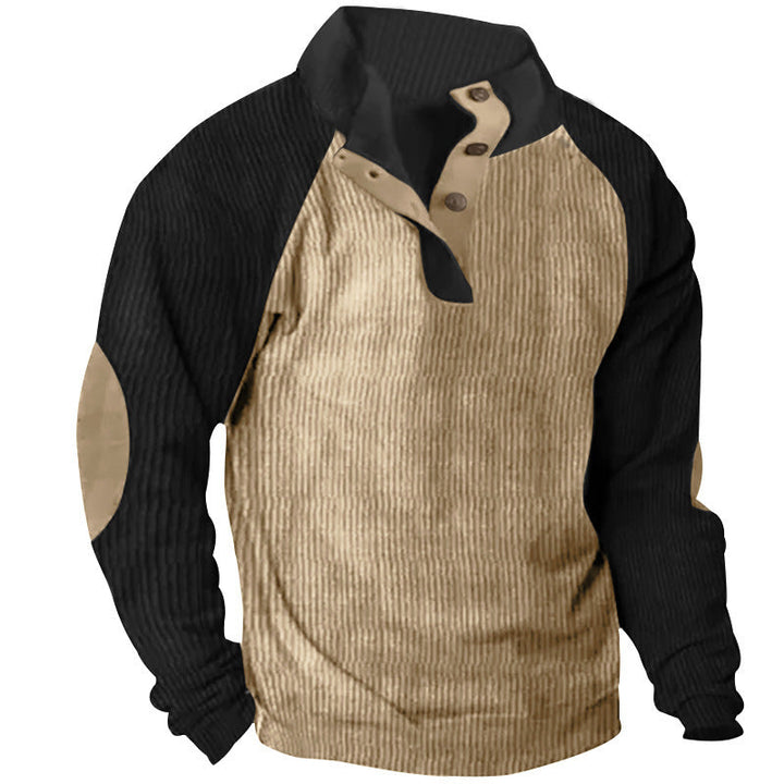 Męska Strukturalny Raglanowy Henley Pulower z Stójka, Elbow Patches &amp; Listwa guzikowa