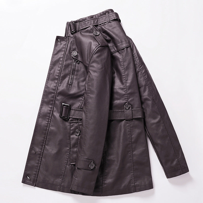 Męska Tailored skóra Trench płaszcz z Belt i dekoracyjne szwy