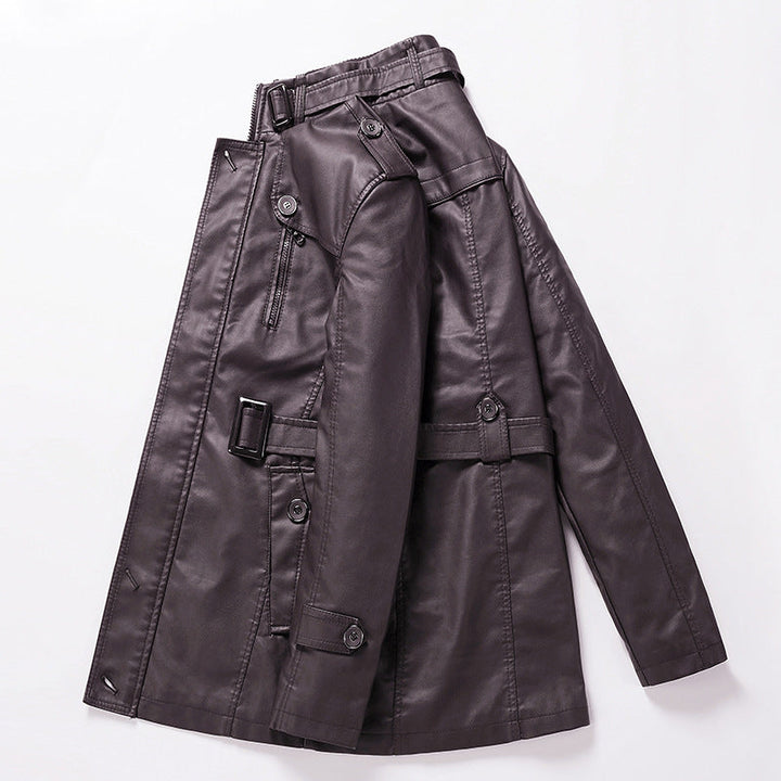 Męska Tailored skóra Trench płaszcz z Belt i dekoracyjne szwy