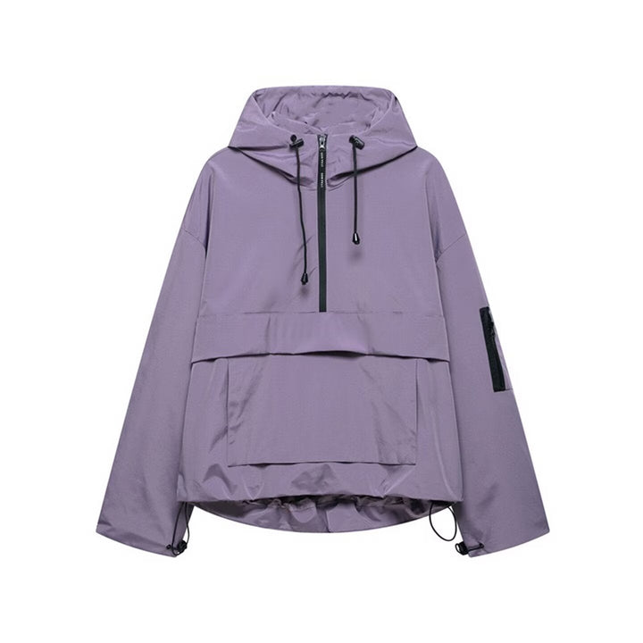 Damska wodoodporna oversize Anorak z kapturem, Half zamkiem błyskawicznym i Kangaroo Pocket Lumaza