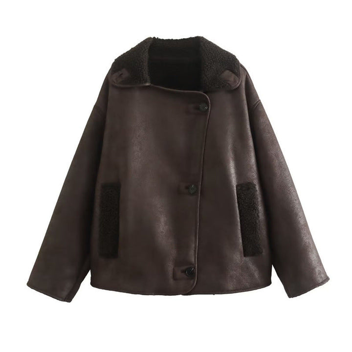 Damska krótka kurtka in oversize shearling look z lapel kołnierzem i kieszeniami Lumaza