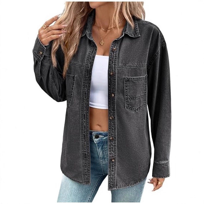 Damska oversize denimowa koszulowa kurtka in Washed Look z Chest kieszeniami i Full guzikami listwą Lumaza