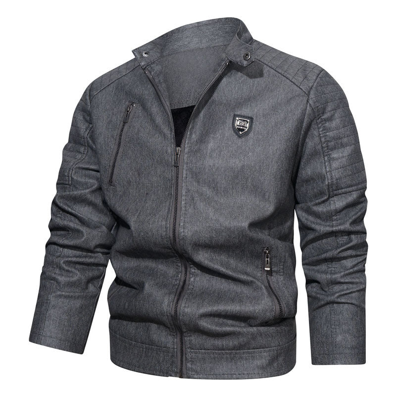 Męski solidny denim-look kurtka field z pikowany ramienny section i zamek detale