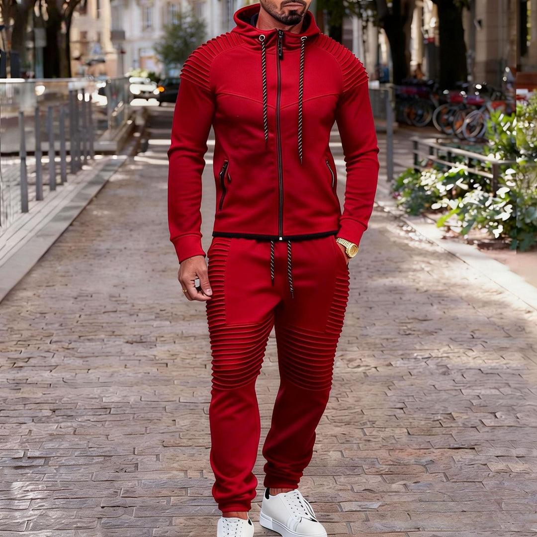 Męska sportowa bluza z kapturem sweat set z prążkowany biker panels