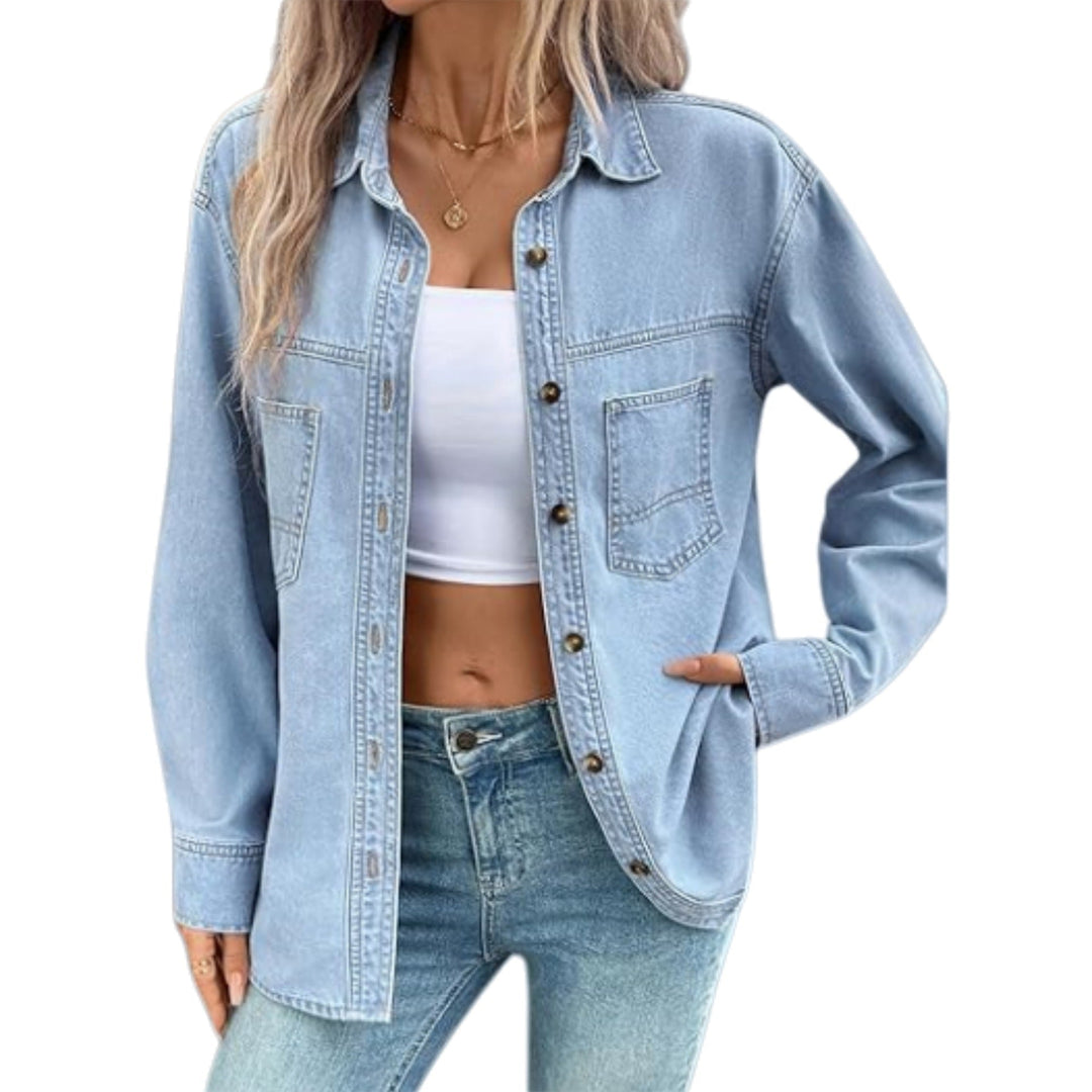 Damska oversize denimowa koszulowa kurtka in Washed Look z Chest kieszeniami i Full guzikami listwą Lumaza