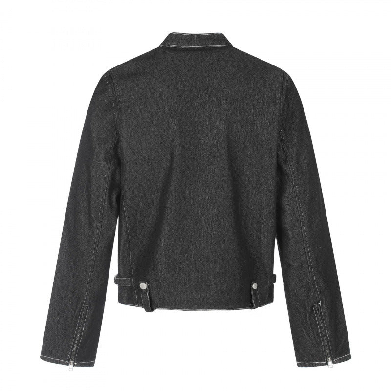 Męska krótka krój boxy denim kurtka w worker blouson styl z stójką i metal applications