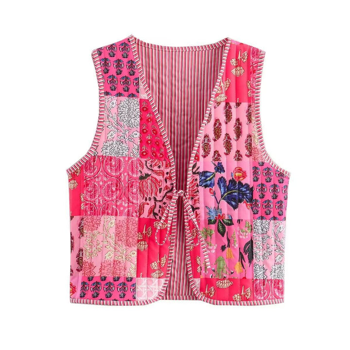 Damska Patchwork kamizelka z Tie Band i V-Neck Lumaza