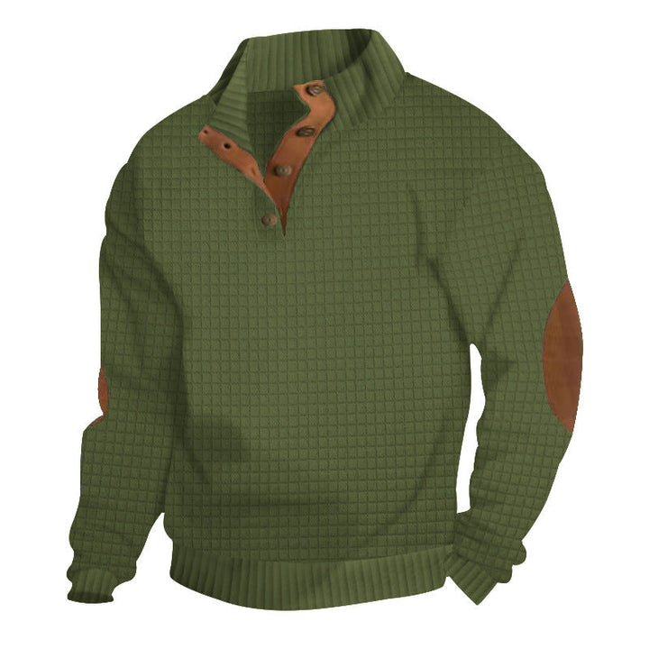 Męska waffle structure troyer z Stójka, Listwa guzikowa i nappa skóra elbow patches