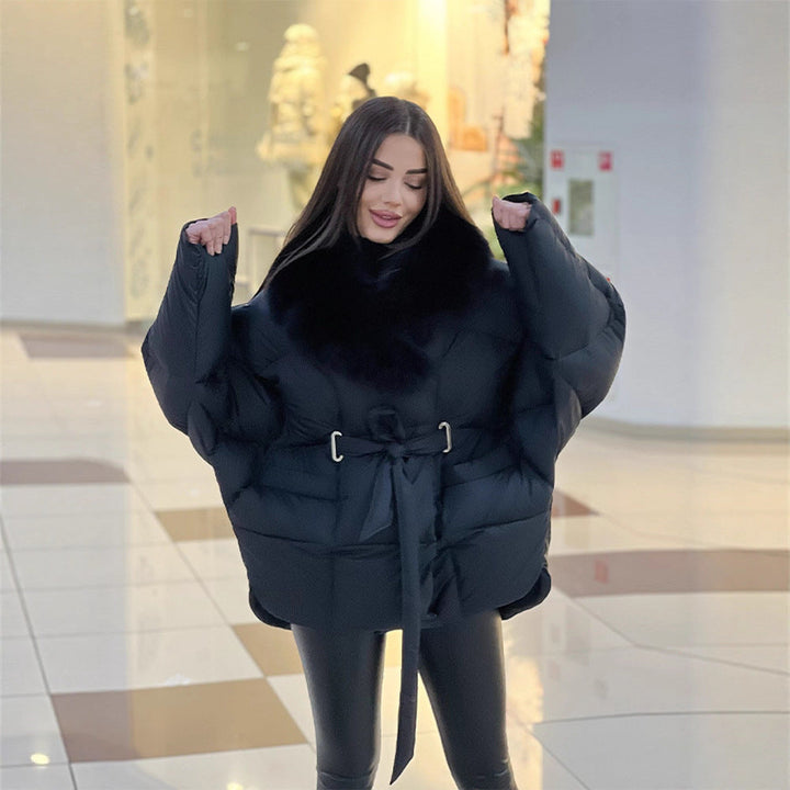 Damska oversize puchowa kurtka z Waist paskiem i Faux Fur kołnierzem Lumaza