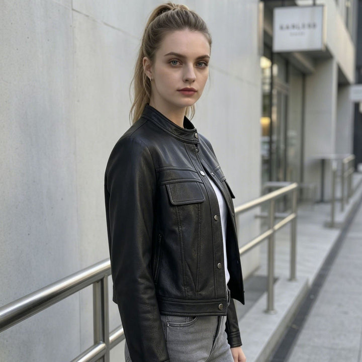 Damska krótka Leather kurtka z ze stójką i klapką kieszeniami Lumaza