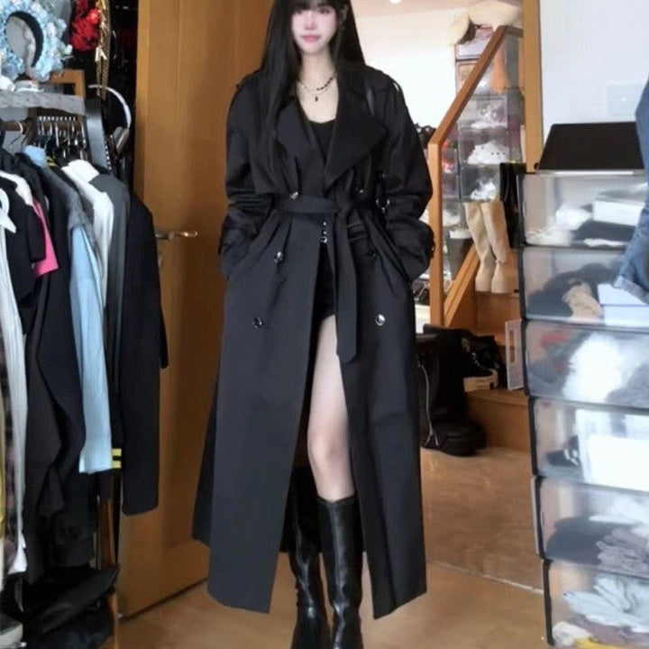 Damskie Długa Double-Breasted Płaszcz trenczowy z Kołnierz szalowy, Oversize Krój i Ukryty Waistband