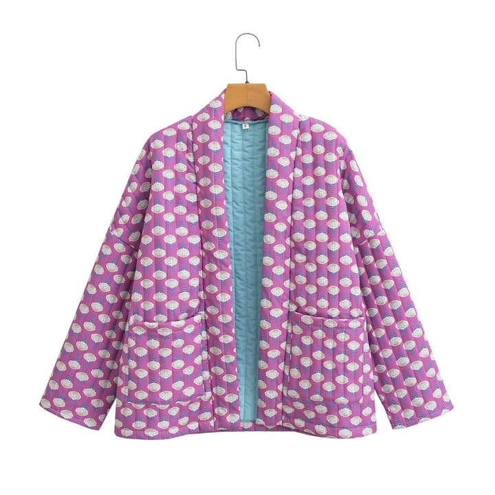 Damska wzorzysta kimono pikowana kurtka z otwartym przodem i z naszywanymi kieszeniami Lumaza