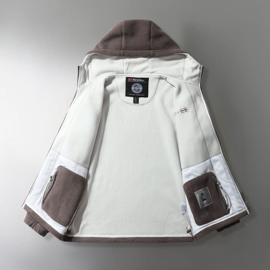 Męski microfleece outdoorowy kurtka z kaptur, wind-resistant structure i logo naszywany